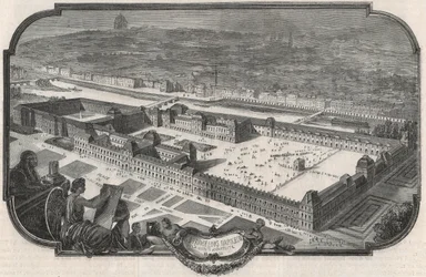 Widok ogólny Palais du Louvre i Tuileries w 1852 r. - Grawerowanie w „Tableau-de-Paris” autorstwa Edmonda Texiera 1852