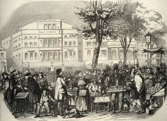 Widok ogólny na boulevard du Temple w Paryżu - uliczni sprzedawcy - Paryż - Ogólny widok na boulevard du Temple - Kupcy ambulanty - Grawerowanie w „Tableau-de-Paris” autorstwa Edmonda Texiera 1852