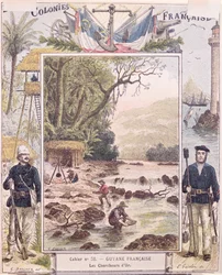 Poszukiwacze złota w Gujanie Francuskiej, okładka szkolnego zeszytu, ok.1880