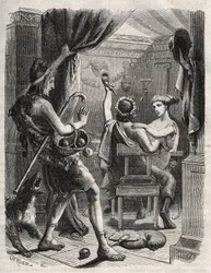 Mitologia grecka: „”Ten krzyk wydał Paryż””. Paris zaskakuje Helene Peritanusem. Grawer z 1871 r. w „Histoire Des Cocuses Celebres” Henry