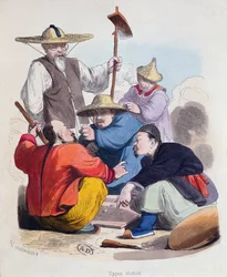 Grupa Chińczyków grających w kości, ok. 1850 (kolorowe grawerowanie)