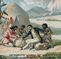 Guillaume Lejean, francuski odkrywca, został zakuty w kajdany na rozkaz cesarza Teodorosa z Abisynii (dzisiejsza Etiopia). Chromolitografia XIX wieku.