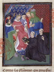 Guillaume de Nangis (zm. 1300 lub 1303) przedstawia swoją książkę Filipowi IV le Bel, królowi Francji w latach 1285-1314 (welum) (detal z 239257)