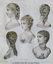 Fryzury, ilustracja z Le Moniteur de la Coiffure, 10.12.1879 (kolor grawerowany)