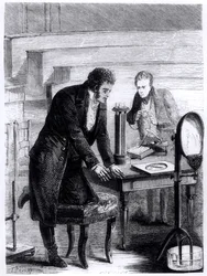 Hans Christian Oersted (1777-1851) odkrywa odchylenie igły magnetycznej przez prąd zamknięty w 1820, z Les Merveilles de la Science Louisa Figuiera (1819-94), 1867
