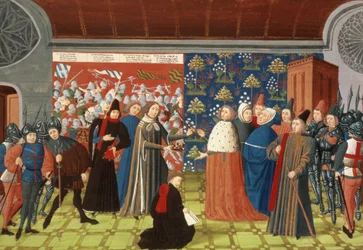 Harl.4380 f.184v Ryszard II przekazuje koronę hrabiemu Derby, z Kroniki Froissarta, tom IV (welum)