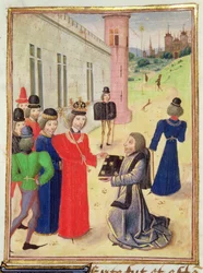 Harl 4380 f.233v Froissart przedstawia swoją książkę Ryszardowi II, z Kroniki Froissarta, tom IV (welum)