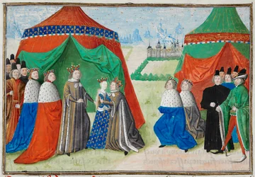 Harley 4380, fol.89 Ryszard II spotyka swoją młodą narzeczoną, Izabelę Francuską, z Kronik Froissart