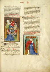 Harley 4431, f.129 Koło fortuny; i Paryż obejmujący Helenę z Księgi Królowej, t. 1, Christine de Pizan, c.1410-14 (atrament, kolor i złoto na welinie)
