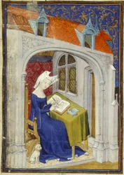 Harley MS 4431 f.004r Fragment miniatury Christine de Pizan w jej gabinecie na początku „Balady Centa”, ok. 1410-14 (tusz i kolor na pergaminie)