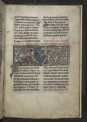 Harley MS 4979 f.72r Alexander walczący z mężczyznami z głowami koni, z 