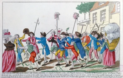 Głowy dwóch gwardzistów królewskich zabitych 5 października 1789 r. w Wersalu przez paryski motłoch triumfalnie niesione do Paryża