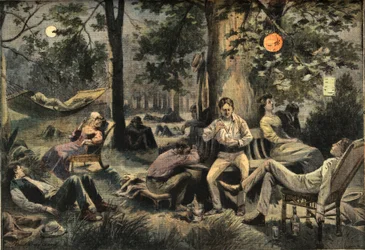 Upał w Nowym Jorku: mieszkańcy obozują w parkach, z gazety „Le Petit Parisien””, 26.07.1908 (rycina)