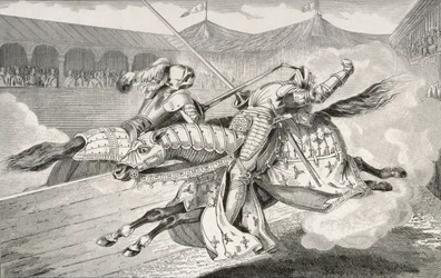 Henris II (1519–59) buvo mirtinai sužeistas per dukters vestuvių iškilmes vykusias varžybas iš Colart „Histoire de France“, išleistos apie 1840 m. Hpoli.