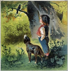 Henri obserwuje kosa na gałęzi w lesie, powracając do swojego życia, gdyby był ptakiem. Chromolitografia z „”Scen dzieciństwa”” wyd. Guerin - Muller około 1885 roku.