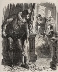 Henryk (Henryk) Stuart i Lord Darnley (1545-1567) zaskoczył swoją żonę, królową Marię (Marię) Iere Stuart (1542-1587), swoim prywatnym sekretarzem, Davidem Rizzio (zm. 1566). Grawer z 1871 r. w „Histoire Des Cocuses Celebres” Henry