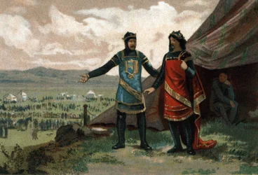 Henryk I, król Francji (1008-1060), przyjął księcia Normandii Roberta Diabła (znanego również jako Le Magnifique) i wyposażył go w armię do odzyskania królestwa. Chromolitografia około 1890 r.