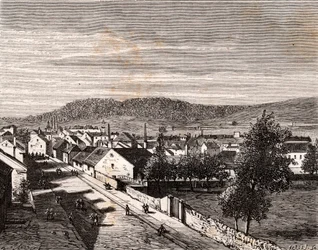 Hericourt - - departament Saone-et-Loire - grawerowanie w “La France illustree: geografia, historia, administracja statystyczna” autorstwa V.A. Słodowo-Brązowy. 1884