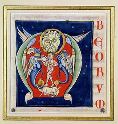 Historyczny inicjał „M” przedstawiający mężczyznę grającego rebeka i fantastyczne zwierzęta, z Biblii Saint-Andre aux-Bois