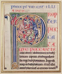 Historyczny inicjał „P” przedstawiający polowanie na dzika, z Biblii Saint-Andre aux-Bois