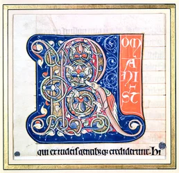 Historyczny inicjał „R” przedstawiający przeplatany wzór z fantastycznymi zwierzętami, z Biblii Saint-Andre aux-Bois