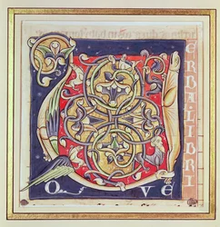 Historyczny inicjał U przedstawiający przeplatany wzór i fantastyczne zwierzęta, z Biblii Saint-Andre aux-Bois