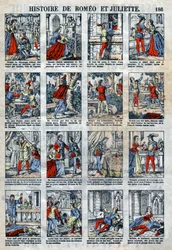 Historia Romea i Julii po sztuce Williama Szekspira (1564-1616). Obrazowanie epinal z końca XIX wieku.