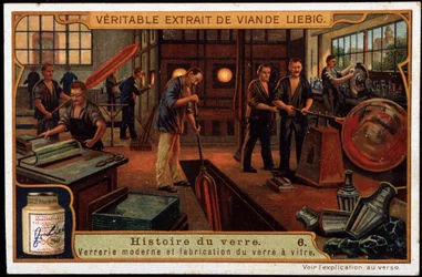 Historia szkła: Nowoczesne wyroby szklane i produkcja szkła pod koniec XIX wieku. Chromolitografia Liebiga z końca XIX wieku.