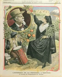 Hołd dla Frederica Mistrala (1830-1914) w pięćdziesiątą rocznicę wydania Mireille, ilustracja z Le Petit Journal, 30 maja 1909