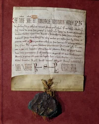 Hołd dla króla Filipa II (1165-1223) od Szymona de Montfort (ok.1160-1218) za terytoria skonfiskowane Rajmundowi VI (1197-1249) ok.1216