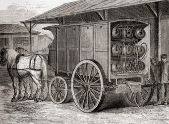 Pojazd konny używany do transportu sprężonego gazu w przenośnych pojemnikach w XIX wieku, z Les Merveilles de la Science, wydany ok. 1870 (rycina)