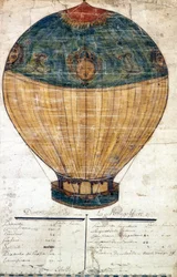 Balon na ogrzane powietrze braci Montgolfier. Oryginalny rysunek. 1782