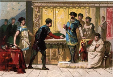 Hugo Wielki (897-956) koronuje Raoula lub Rodolfa z Burgundii (ok. 890-936), księcia Burgundii i króla Francji. Chromolitografia z końca XIX wieku.