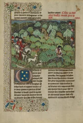 Myśliwi ścigający jelenia, ok. 1430-40 (tempera, złota farba, srebrna farba i złoto płatkowe)
