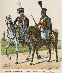Hussars I vendemiary An XII (24 września 1803): Oficer, II hussars i 9 hussars w wielkim stroju w 1806 r. Tabliczka z książki Les Uniforms de l