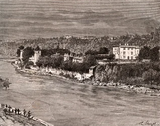 Ile Barbe w środku Saony, w 9. dzielnicy Lyonu - rycina w „La France illustree: geografia, historia, administracja statystyczna”” autorstwa V.-A. Słodowo-Brązowy. 1884