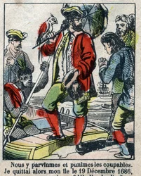 Ilustracja do Księgi Daniela Defoe (De foe) „”Robinson Crusoe””. Obrazowanie epinal z końca XIX wieku.