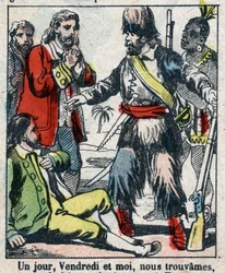 Ilustracja do Księgi Daniela Defoe (De foe) „”Robinson Crusoe””. Obrazowanie epinal z końca XIX wieku.
