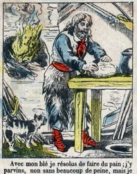 Ilustracja do Księgi Daniela Defoe (De foe) „”Robinson Crusoe””. Obrazowanie epinal z końca XIX wieku.