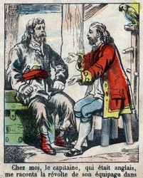 Ilustracja do Księgi Daniela Defoe (De foe) „”Robinson Crusoe””. Obrazowanie epinal z końca XIX wieku.