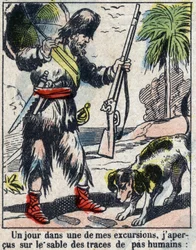 Ilustracja do Księgi Daniela Defoe (De foe) „”Robinson Crusoe””. Obrazowanie epinal z końca XIX wieku.