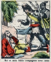 Ilustracja do Księgi Daniela Defoe (De foe) „”Robinson Crusoe””. Obrazowanie epinal z końca XIX wieku.