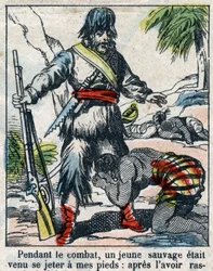 Ilustracja do Księgi Daniela Defoe (De foe) „”Robinson Crusoe””. Obrazowanie epinal z końca XIX wieku.