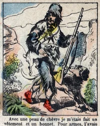 Ilustracja do Księgi Daniela Defoe (De foe) „”Robinson Crusoe””. Obrazowanie epinal z końca XIX wieku.