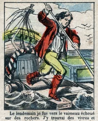 Ilustracja do Księgi Daniela Defoe (De foe) „”Robinson Crusoe””. Obrazowanie epinal z końca XIX wieku.