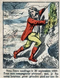 Ilustracja do Księgi Daniela Defoe (De foe) „”Robinson Crusoe””. Obrazowanie epinal z końca XIX wieku.