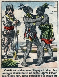 Ilustracja do Księgi Daniela Defoe (De foe) „”Robinson Crusoe””. Obrazowanie epinal z końca XIX wieku.