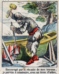 Ilustracja do Księgi Daniela Defoe (De foe) „”Robinson Crusoe””. Obrazowanie epinal z końca XIX wieku.