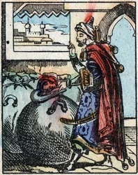 Ilustracja do Opowieści z tysiąca i jednej nocy. Ali-Baba (Ali Baba).Grawerowanie na drewnie firmy Imaging Pellerin - Epinal, sd. Koniec XIX wieku.