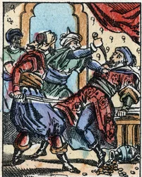 Ilustracja do Opowieści z tysiąca i jednej nocy. Ali-Baba (Ali Baba).Grawerowanie na drewnie firmy Imaging Pellerin - Epinal, sd. Koniec XIX wieku.
